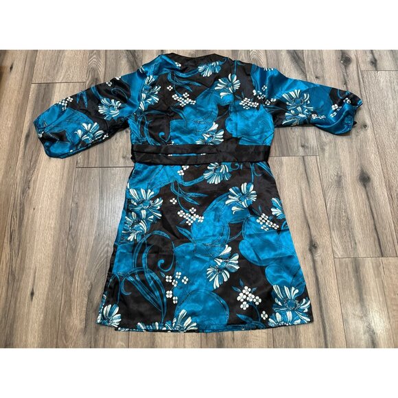 She's Cool Floral Kimono Wrap Dress XL Black & Teal Polyester 90's Style VTG - Picture 3 of 3
